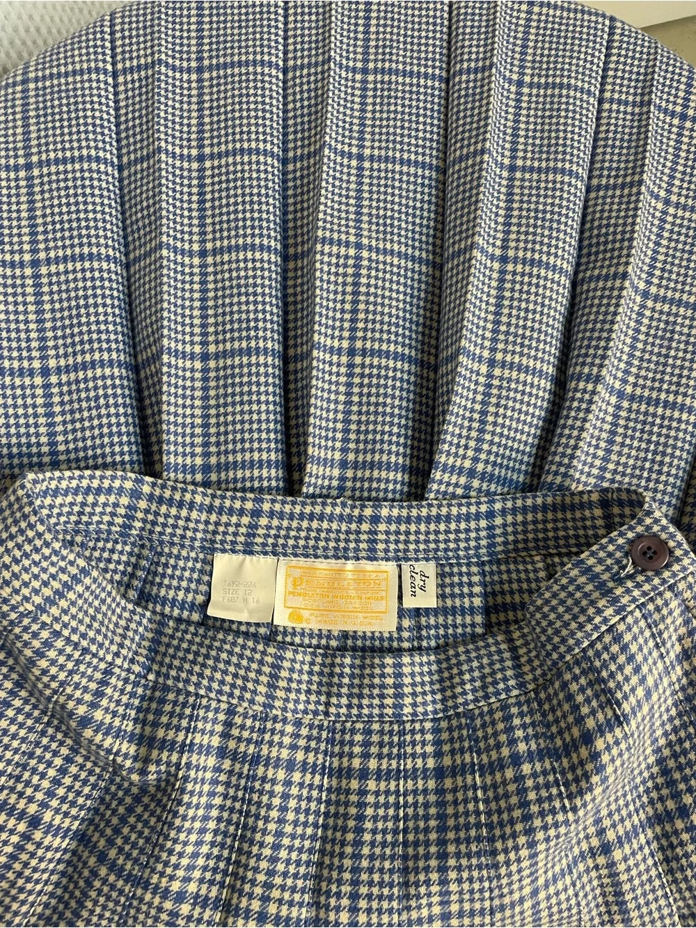 70s 80s VINTAGE PENDLETON Pleated Skirt Houndstooth Blue & White WOOL - Picture 13 of 16